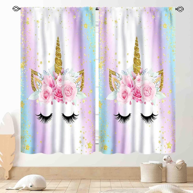 TKUYO Unicorn Curtains for Girls Bedroom, Ombre Rainbow Pink Gold Princess Unicorn Colorful Blackout Drpaes for Girls Kids Baby Room Living Room Nursery Window Treatments 2 Panels Sets, 84"x84" Inch - Image 1